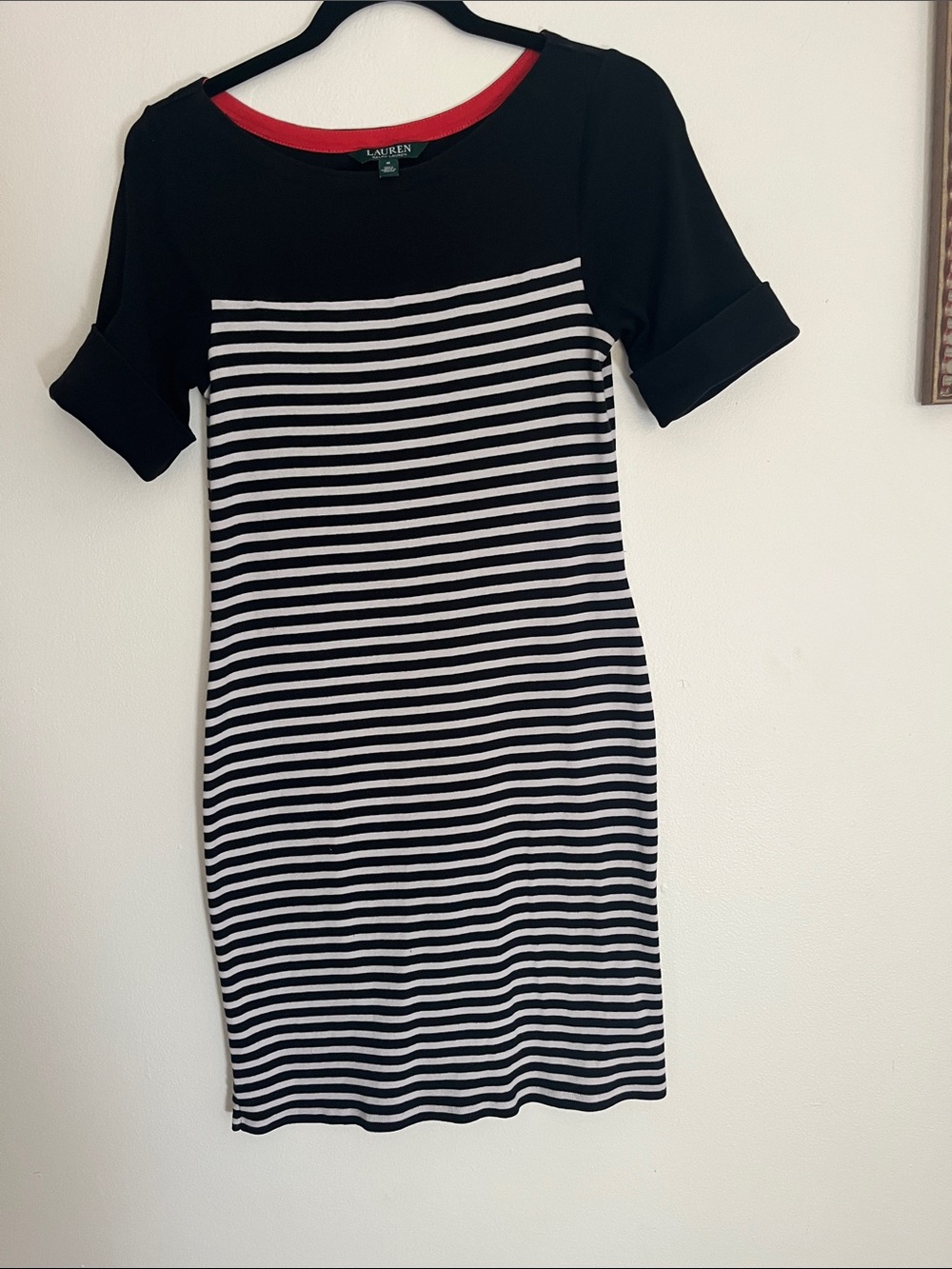Lauren Ralph Lauren Black and White Striped Midi Dress with Red Neckline